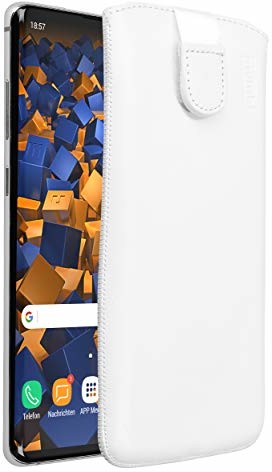 Mumbi Prawdziwy skórzany pokrowiec kompatybilny z Samsung Galaxy S10+ / S10 Plus, pokrowiec skórzany etui białe z klapką z funkcją wyciągania/wspomaganiem wyciągania Samsung Galaxy S10 Plus