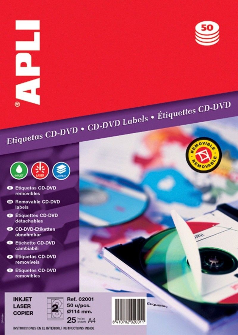 Apli Etykiety na płyty CD/DVD średnica 114/41mm okrągłe białe