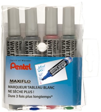 Pentel Maxi Flow zestaw 4 Whiteboard firmy z gąbką, klinowatym czubkiem, Large, czarny/niebieski/czerwony/zielony, mwl6 MWL6/4