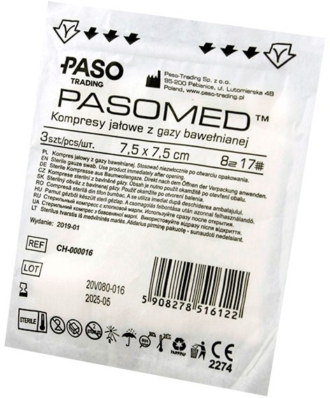 Paso Trading Kompresy gazowe jałowe PASOMED 7,5x7,5cm x3 sztuki