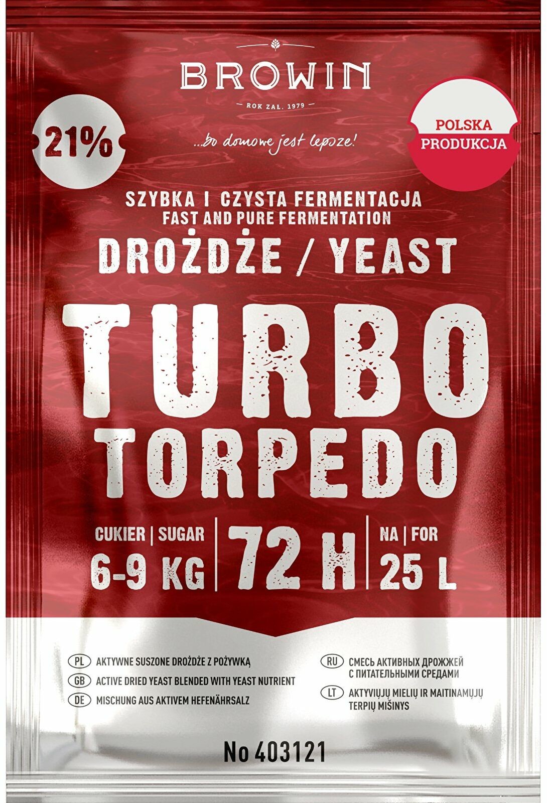 Browin Drożdże gorzelnicze Turbo Torpedo 72h 21% - 120 g