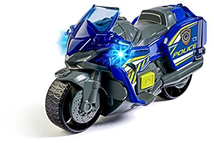 Dickie Toys Toys Motocykl policyjny zabawka dla dzieci od 3 lat, z efektami światła i dźwiękowymi, wolnobieg, rozkładana tabliczka ostrzegawcza, długość 15 cm QDKT075544