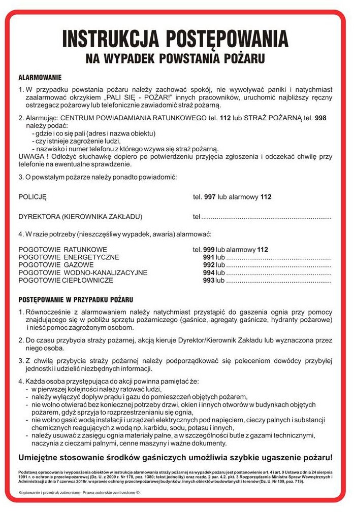 Znak informacyjny INSTRUKCJA POSTĘPOWANIA PODCZAS POŻARU