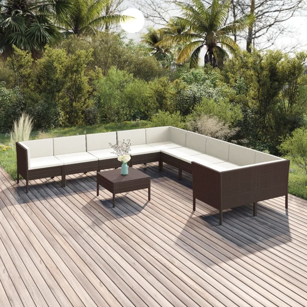 vidaXL 11-cz zestaw wypoczynkowy do ogrodu poduszki rattan PE brąz 3094495