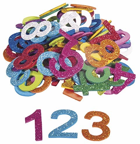 Rayher 30228000 naklejki z gumy porowatej, 3 cm, 100 sztuk, samoprzylepne, kolory mieszane, brokatowa pianka, naklejki z gumy piankowej 0-9, do dekoracji