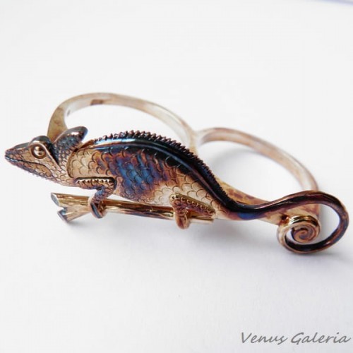 Skagen Pierścionek srebrny podwójny- Kameleon brązowy 595