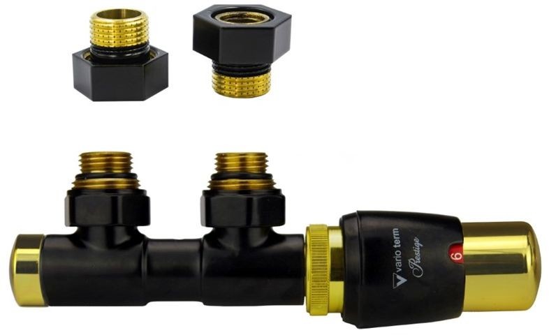 Vario Term Zawór termostatyczny TWINS GLAMOUR ze złączką - czarny ze złotem prawy 1/2 - instalacja 1/2 z gwintem wewnętrznym TSGS0223CFK/P(GZ1/2)