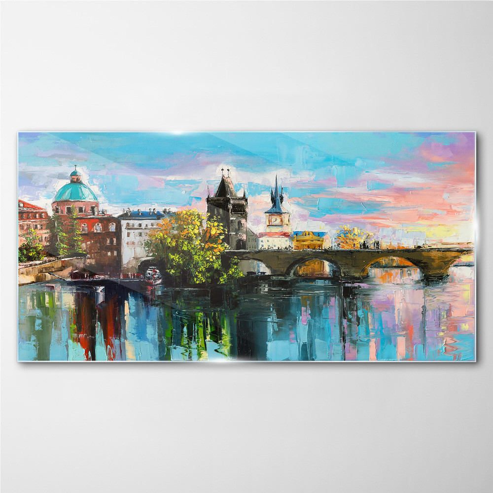 PL Coloray Obraz na Szkle Miasto Rzeka Most Niebo 140x70cm