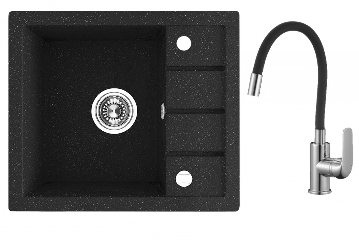Laveo Zlewozmywak granitowy Trzynastka czarny + bateria Elza SBPE713Y SBPE713Y