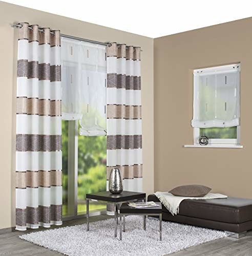 Home Fashion Home fashion 47777 | gotowych szalik Walter z paskiem z firanka | blickdichter żakardowy materiał dekoracyjny z pasów poprzecznych i wzorem 047777-0112 cappuccino 225/140 cm