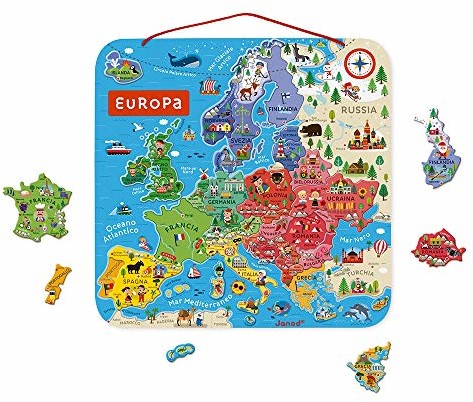 Janod puzzle z mapy Europy z drewna 40 magnetyczne elementy puzzli 45 x 45 cm wersja italańska od 7 lat J05475