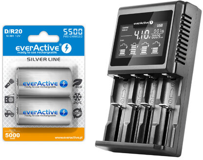 everActive Ładowarka do akumulatorków cylindrycznych everActive UC-4000 + 2 akumulatory everActive R20 D Ni-MH 5500 mAh