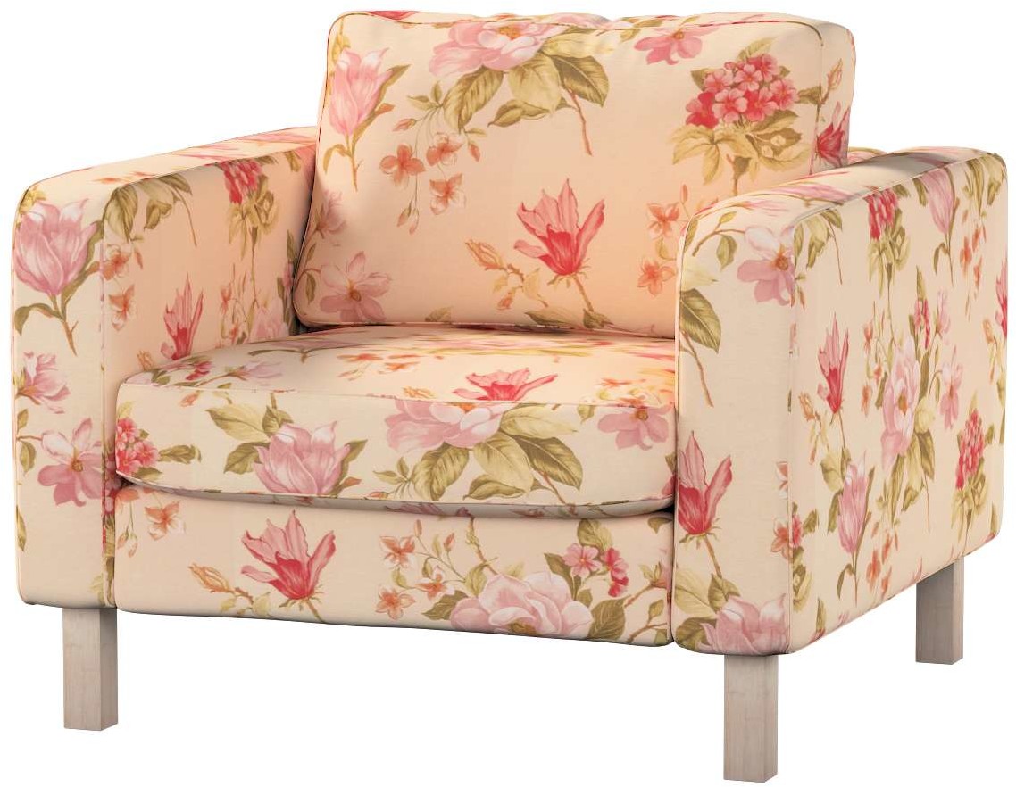 Dekoria pl pl Pokrowiec na fotel Karlstad krótki duże kwiaty na kremowym tle 89 x 89 x 64 cm Londres 619-143-87
