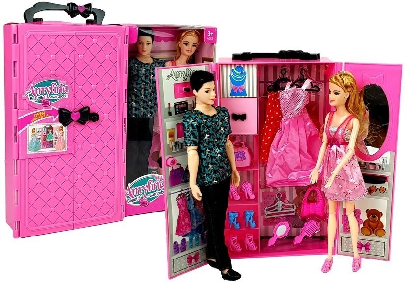 Import LEANToys Lalki + Szafa z ubraniami w Walizce