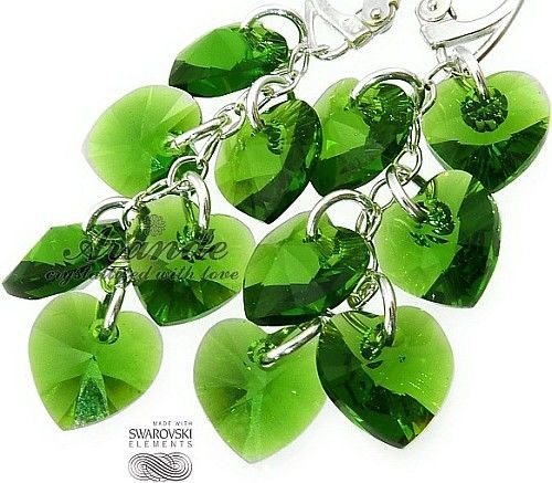 Swarovski Długie Kolczyki Serce Fern Green Srebro
