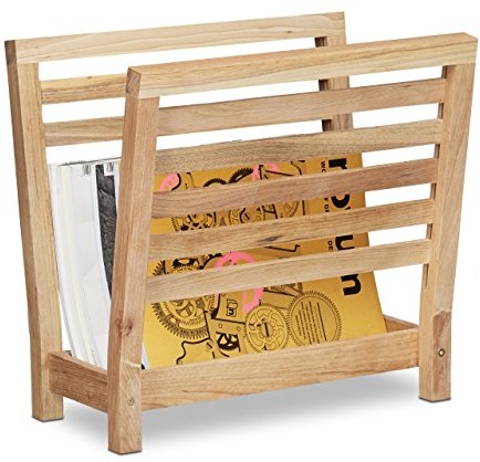 Relaxdays Stojak na gazety  orzech włoski, uchwyt na miejsce do przechowywania różnych rzeczy, półka na gazety, czasopisma, wys. x szer. x gł.: 38,5 x 26,5 x 40 cm, drewno, naturalny 10020656