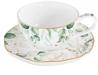 Nuova R2S Easy Life FILIŻANKA PORCELANOWA z TALERZYKIEM - Botanique LISTKI 250 ml, ze złoceniem 1589 BOTQ