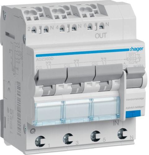 Hager RCBO Wyłącznik różnicowoprądowy 3x1+N 6kA C 10A/30mA Typ A QC/QBB ADZ360D