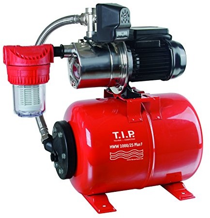 T.I.P. HWW 1000/25 Plus F 31144 hydrofor domowy z filtrem wstępnymTen hydrofor HWW posiada strumieniową pompę samozasysającą z obudową ze stali szlachetnej oraz stalowy zbiornik ciśnieniowy o pojemnośc