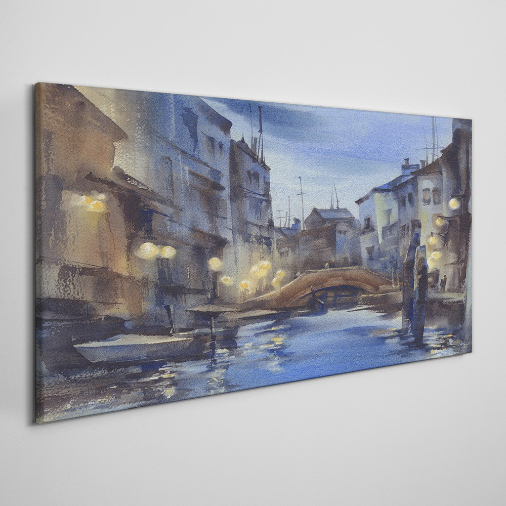 PL Coloray Obraz Canvas most łodzie rzeka miasto 120x60cm