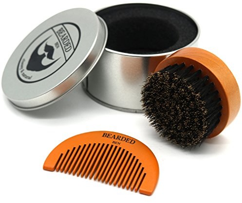 BEARDED BEN szczotka do brody z włosiem dzika w wysokiej jakości pudełku do przechowywania/pudełku na prezent, w zestawie grzebień do brody, kolor brązowy tekowy, średnica: 6,3 cm