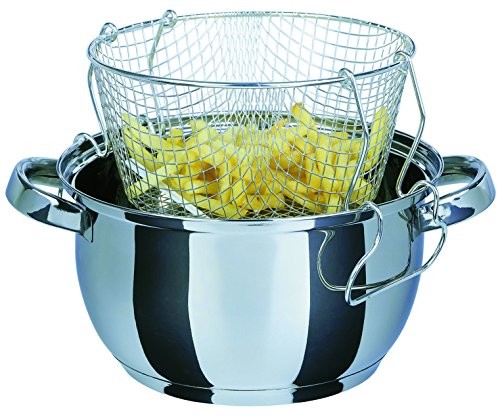 GSW 488204 garnek do smażenia na głębokim oleju, z koszyczkiem i szklaną pokrywką, 3 l, stal szlachetna, 22 cm, 3 elementy, srebrny 488204