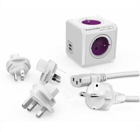 HBF Powercube Rewirable USB+Travel Plugs+IEC 4x zásuvka 2x USB 1m Biały/Purpurowy