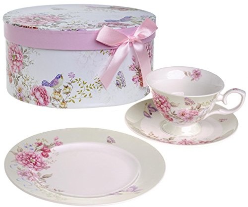 London Boutique Filiżanka i spodek do kawy z jednego talerzyk deserowy (19 cm),-częściowy zestaw z porcelany-wzornictwo w stylu vintage z ptaków, motyli i kwiatów, dopasowane pudełko na prezent, 11x8cm