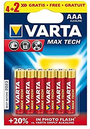 Varta AAA Max Tech, 4 + 2 szt. baterii alkalicznych (4 + 2 szt., bateria pojedyncza, AAA, alkaliczna, cylindryczna, 6 sztuk (e), czerwona, żółta) 57066101452