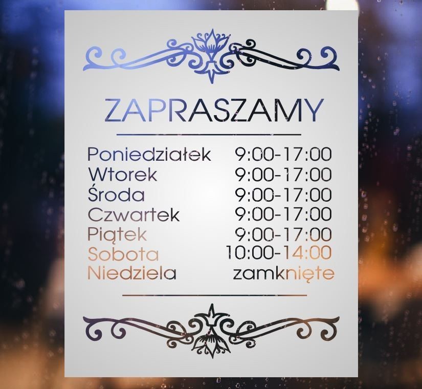 Maskująca naklejka mrożone szkło: Godziny otwarcia Ornament OM046a