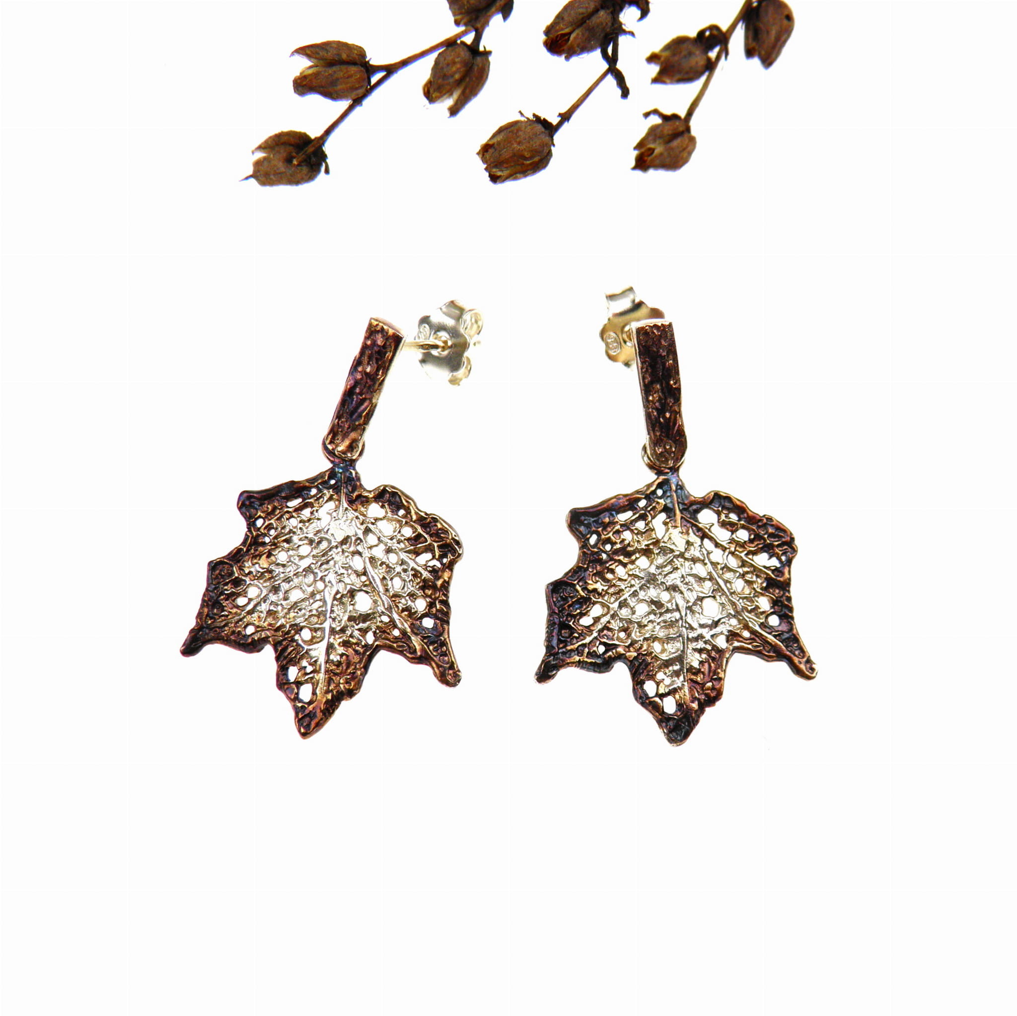 Venus Galeria Kolczyki srebrne - klon mały brązowy na sztyftach