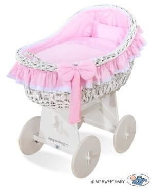 My Sweet Baby Kosz Mojżesza z budką wiklinową Carina biały + różowa pościel