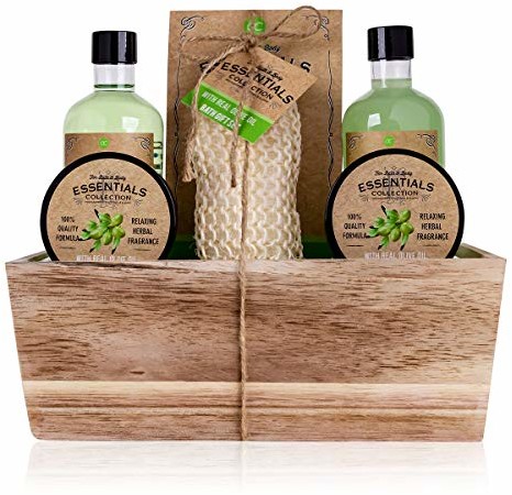 accentra Accentra zestaw upominkowy OLIVE w drewnianym koszu do kąpieli, SPA i prysznica zestaw zapachowy oliwkowy  6-częściowy zestaw prezentowy w dekoracyjnym koszu z drewna, najlepszy prezent na urodziny, w