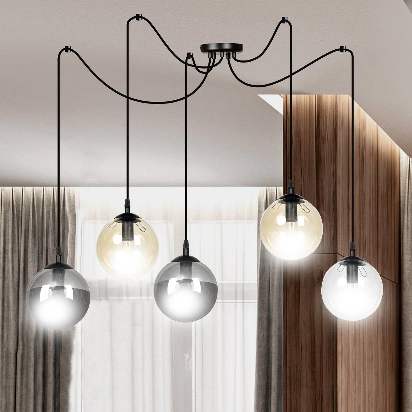 EULUNA Lampa wisząca Glassy 5-pkt. szkło grafit/bursztyn