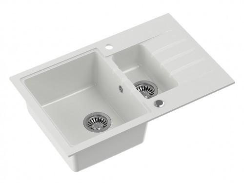 STEINER Zlewozmywak granitowy półtorakomorowy 78 50 20/13,5 cm z ociekaczem PETER 156 biały ze stalowym odpływem