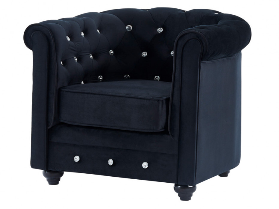 Vente-Unique Fotel CHESTERFIELD welur w kolorze czarnym z kryształowymi guzikami