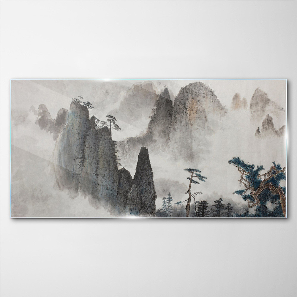 PL Coloray Obraz na Szkle Nowoczesny Góry Mgła Drzewa 120x60cm
