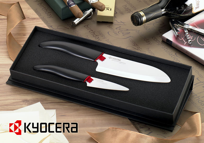 Kyocera Zestaw noży ceramicznych Santoku 14 cm i nóż do obierania 7,5 cm, czarna rączka