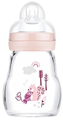 Mam Feel Good butelka dla niemowląt ze szkła (170 ml), butelka na mleko z szerokim otworem, stabilna butelka do picia dla dzieci z przyssawką rozm. 1, od urodzenia, wiewiórka/ptak