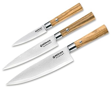 Böker damast zestaw noży nóż kucharski, drewno oliwkowe, brązowa, 35 x 15 x 4 cm, 3-jednostek 130440SET