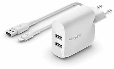 Belkin Boost Charge ładowarka USB-A, 24 W, z 2 portami i kablem USB-A/Lightning (do iPhone 12, 12 Pro, 12 Pro Max, 12 mini, SE, 11, 11 Pro, 11 Pro Max, XS, XS Max, XR, X, 8, iPad, AirPods itd.) WCD001vf1MWH