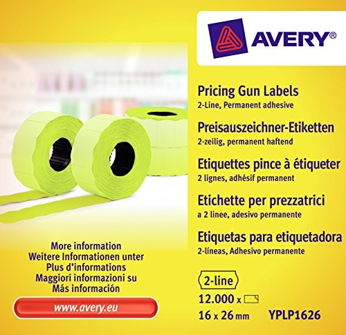 Avery Zweckform YPLP1626 etykiety do znakowania cenowego (12 000 sztuk, 2-wierszowe, 16 x 26 mm) 10 rolek żółte YPLP1626