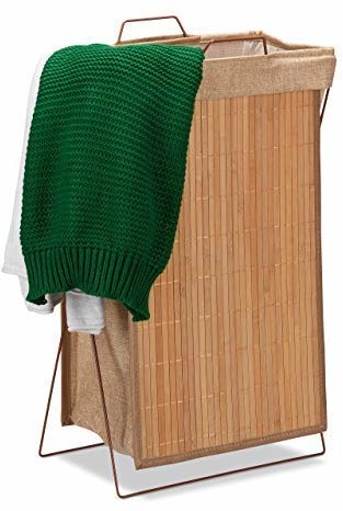 Relaxdays bambusowy kosz na pranie, składany, 40 l, metalowy stelaż z uchwytami, worek na pranie, wys. x szer. x gł. 61 x 38 x 22 cm, kolor