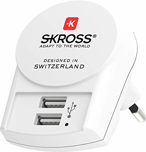 Skross ładowarka USB z 2 portami USB do stosowania w domu lub w podróży w Europie/krajach z wtyczką Schuko lub Euro/2 porty USB/zasilacz sieciowy/maks. 5 V/2,4 A maks. EUROPE-2-USB-CHARGER
