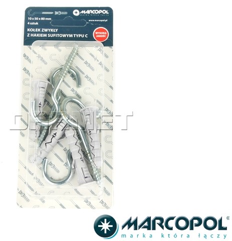Kołki zwykłe z hakiem sufitowym typu C 10 x 50 x 80 mm, 4 szt. - MARCOPOL (QB0115) QB0115