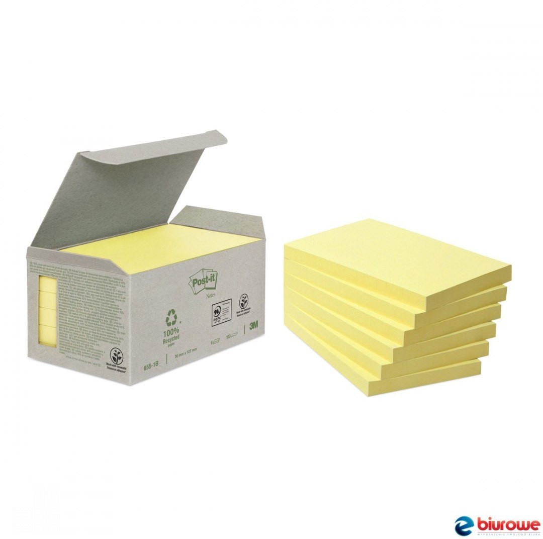Post-It Ekologiczne karteczki samoprzylepne Post-it_ z certyfikatem PEFC Recycled Żółte 76x127mm 16 bloczków po 100 karteczek