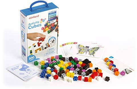 Miniland 95203 zestaw 100 kostki, 20 szablonów, wraz z instrukcją, zabawka edukacyjna, 2 cm