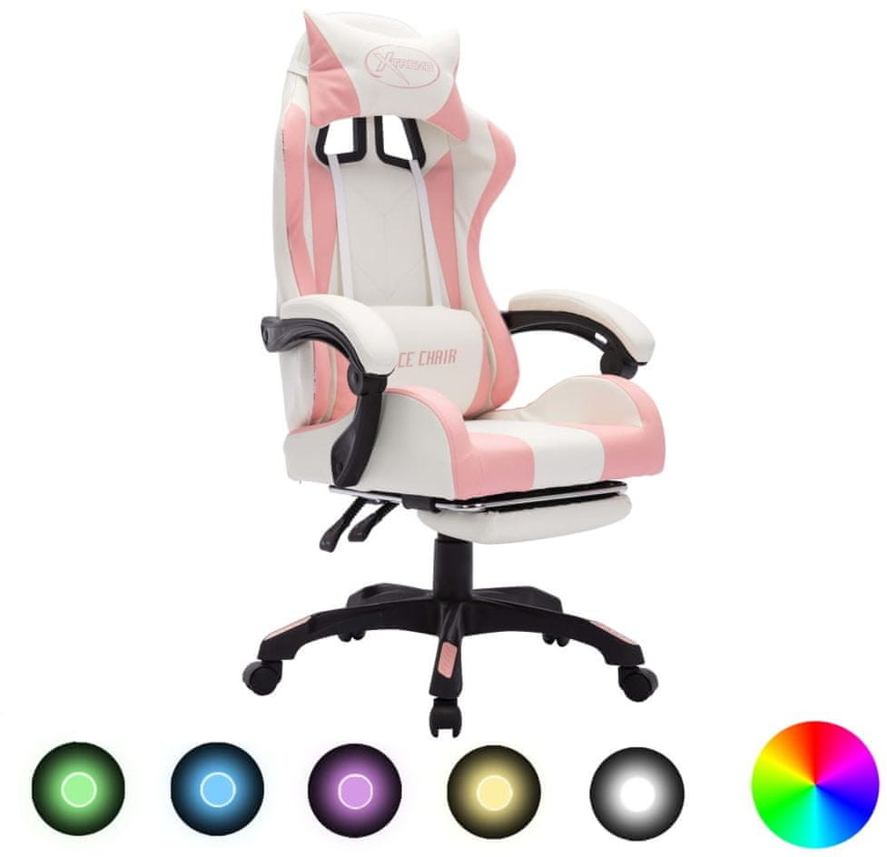 shumee Fotel gamingowy z LED RGB różowo biały sztuczna skóra