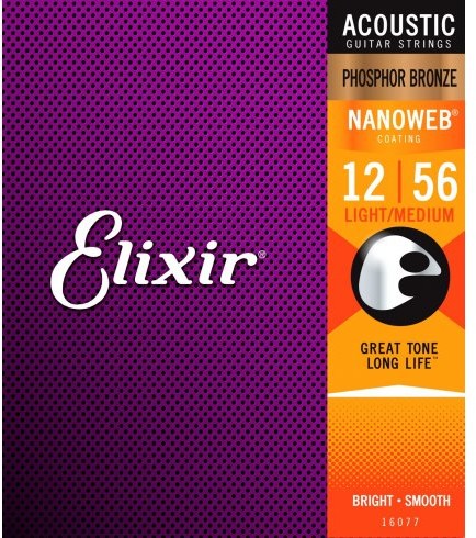 Elixir 16077 struny do gitary akustycznej, 6 strun, z owijką Nanoweb z brązu z domieszką fosforu, Light Medium E16077