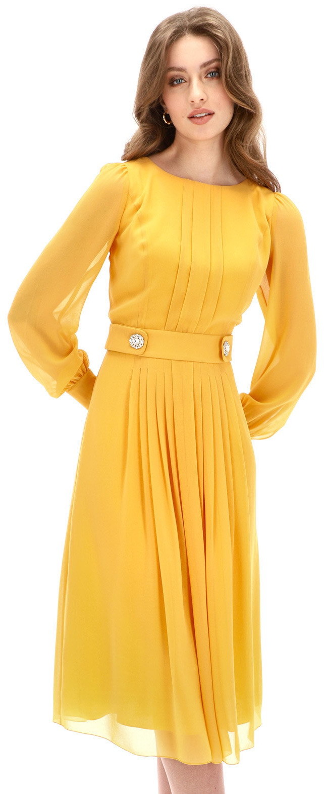 Potis&Verso Żółta sukienka wizytowa z zakładkami Potis&Verso Queen -
